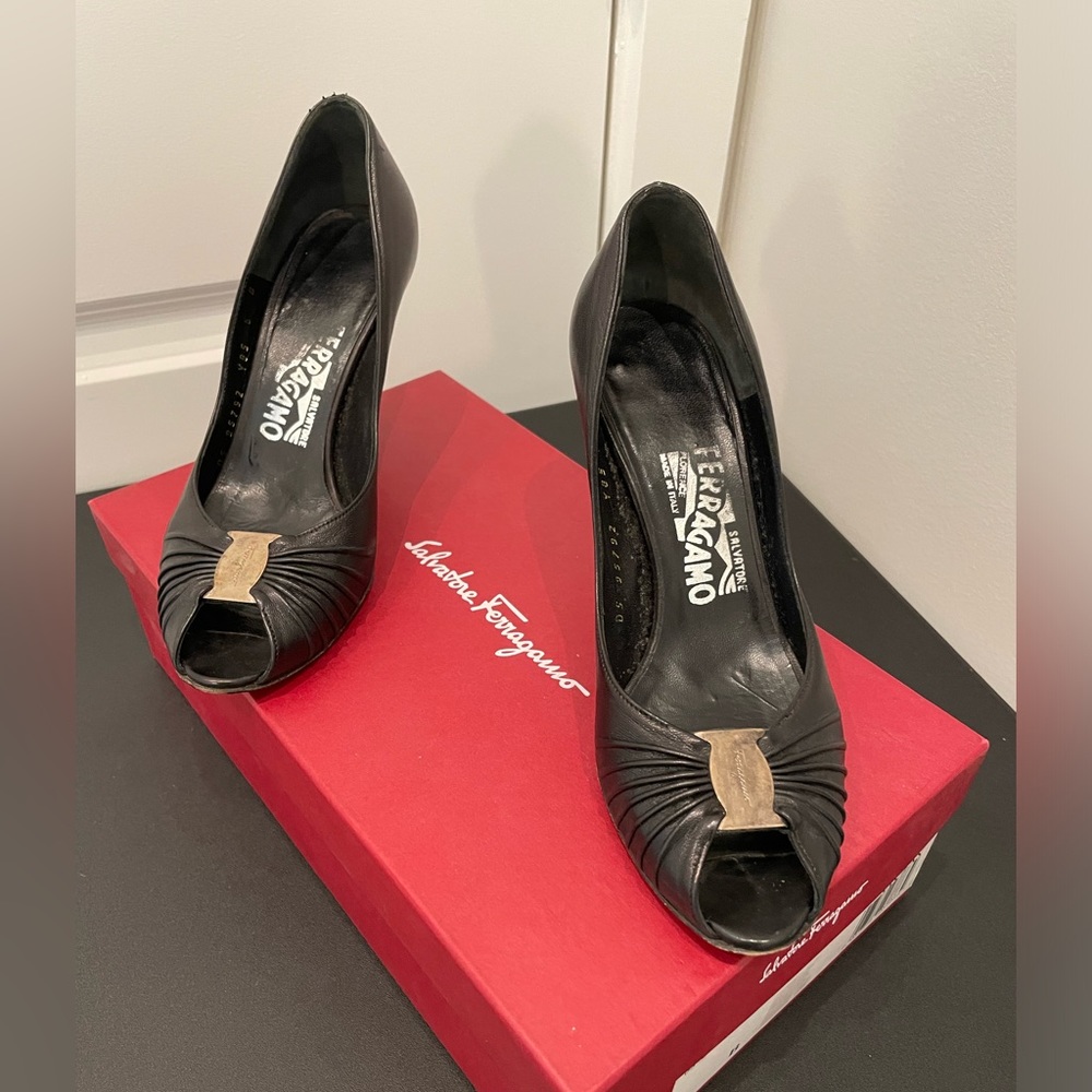 Ferragamo Black leather peep toe heels in great condition with original box